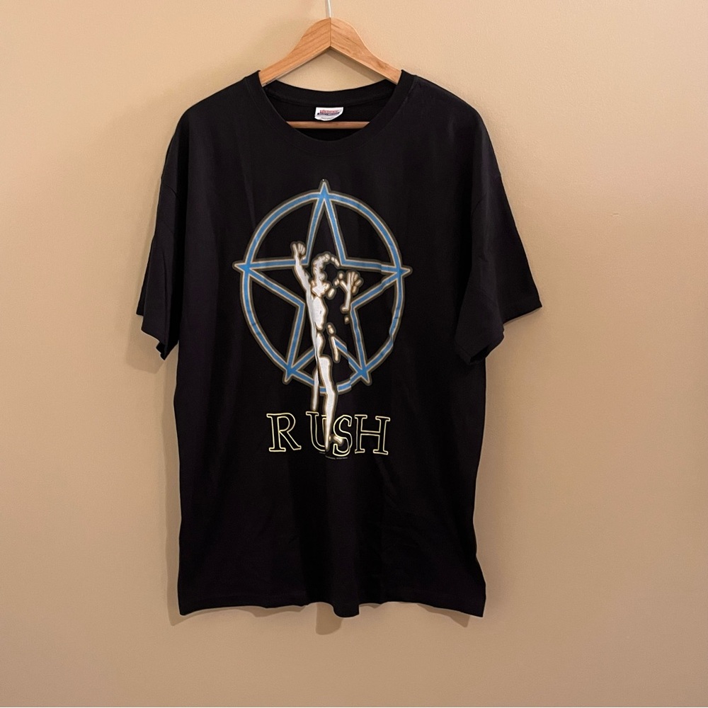 Rush Starman Glow Blue Star Men’s Short Sleeve Black Graphic Band Tee XL